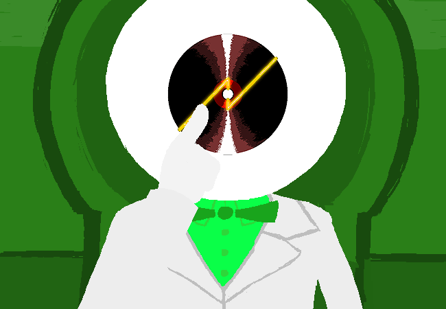 Doc Scratch teleports the vinyl record-like Disc 2 of Homestuck within the blank space of his big bald head.