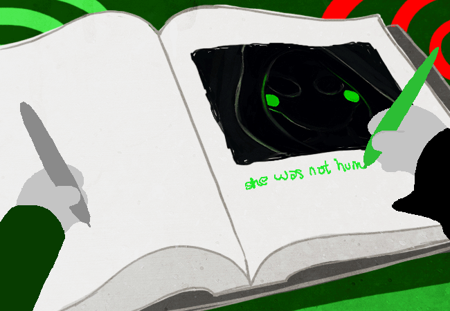 The Baroness' Battleship Condescension arrives over Maple Valley, Washington, as observed by an adult Rose Lalonde below, and as told by Dirk Strider to Jake English.